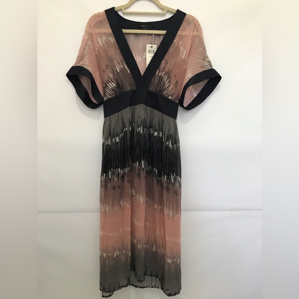 Nwt BCBGMAXAZRIA Silk Women's Pink and Black V-Neck Pleated Midi Dress Size L